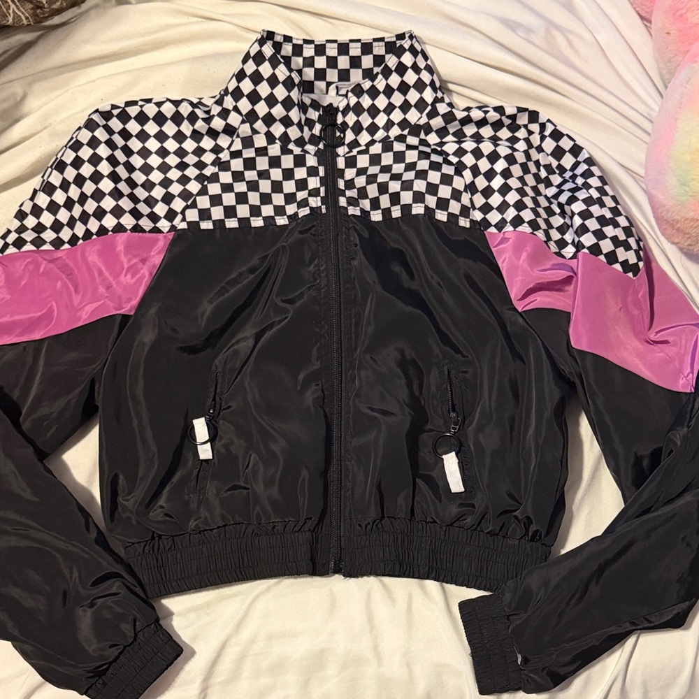 Stylish Black and Pink Women's Jacket - Gingham , Retro, Windbreaker